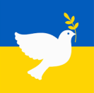 Abgebildet ist eine Friedenstaube vor der blau, gelben Fahne der Ukraine.